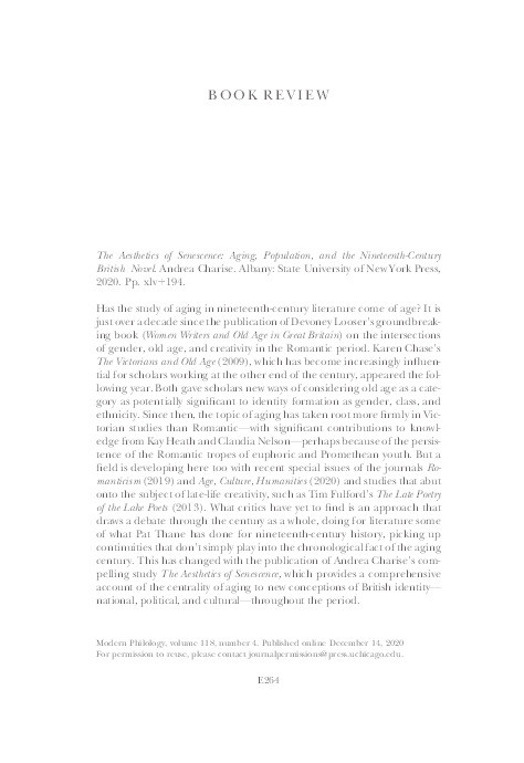 The Aesthetics of Senescence: Aging, Population, and the Nineteenth-Century British Novel. Andrea Charise. Albany: State University of New York Press, 2020. Pp. xlv+194. Thumbnail