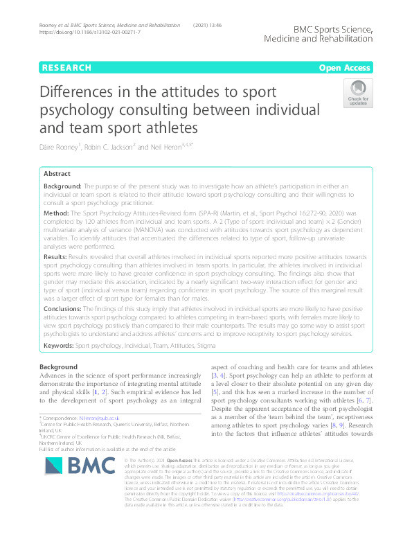 Differences in the attitudes to sport psychology consulting between individual and team sport athletes. Thumbnail