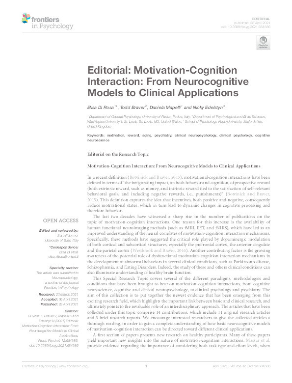 Editorial: Motivation-Cognition Interaction: From Neurocognitive Models to Clinical Applications Thumbnail