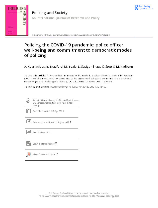 Policing the COVID-19 pandemic: police officer well-being and commitment to democratic modes of policing Thumbnail