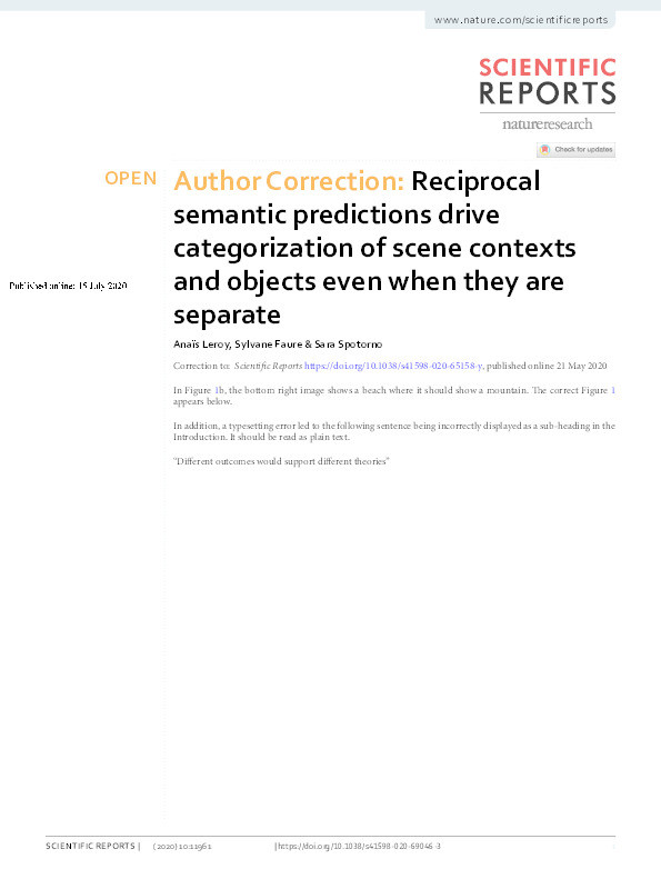 Author Correction: Reciprocal semantic predictions drive categorization of scene contexts and objects even when they are separate. Thumbnail