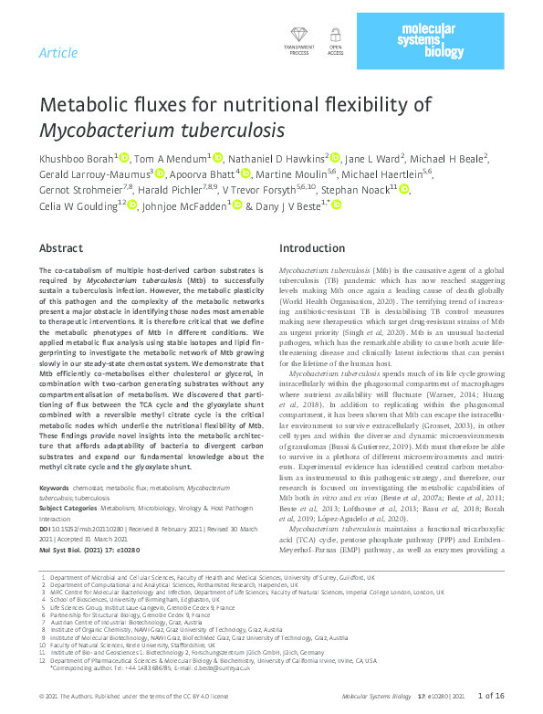 Metabolic fluxes for nutritional flexibility of Mycobacterium tuberculosis. Thumbnail