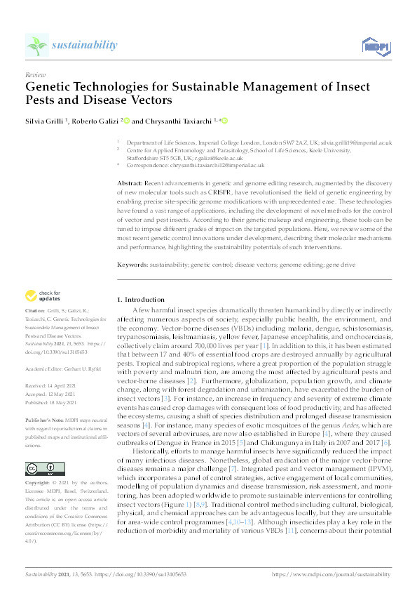 Genetic Technologies for Sustainable Management of Insect Pests and Disease Vectors Thumbnail