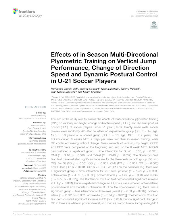 Effects of in Season Multi-Directional Plyometric Training on Vertical Jump Performance, Change of Direction Speed and Dynamic Postural Control in U-21 Soccer Players Thumbnail