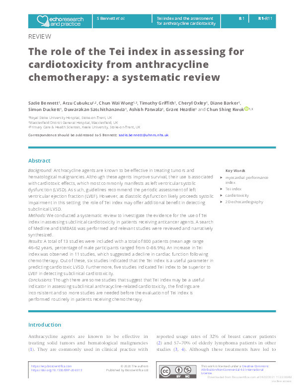 The role of the Tei index in assessing for cardiotoxicity from anthracycline chemotherapy: a systematic review. Thumbnail