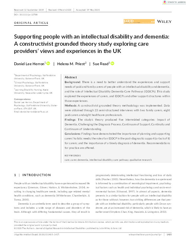 Supporting people with an intellectual disability and dementia: A constructivist grounded theory study exploring care providers' views and experiences in the UK. Thumbnail