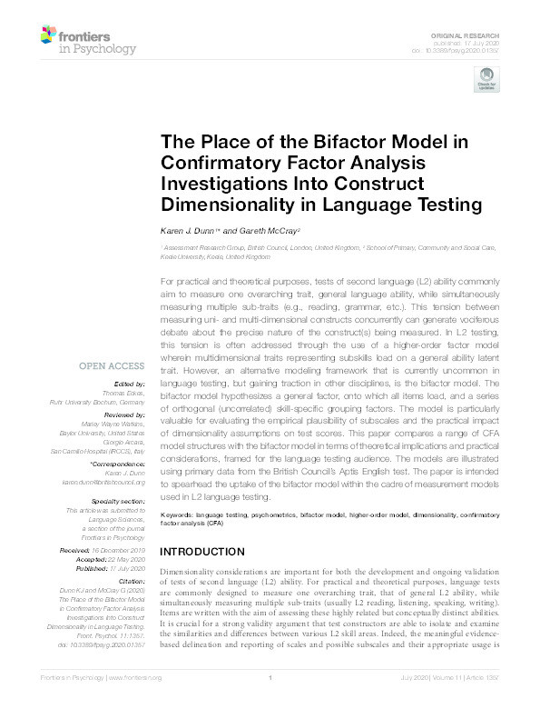 The Place of the Bifactor Model in Confirmatory Factor Analysis Investigations Into Construct Dimensionality in Language Testing. Thumbnail