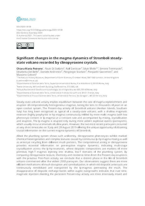 Significant changes in the magma dynamics of Stromboli steady-state volcano recorded by clinopyroxene crystals. Thumbnail