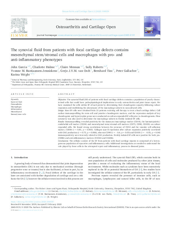 The synovial fluid from patients with focal cartilage defects contains mesenchymal stem/stromal cells and macrophages with pro- and anti-inflammatory phenotypes Thumbnail