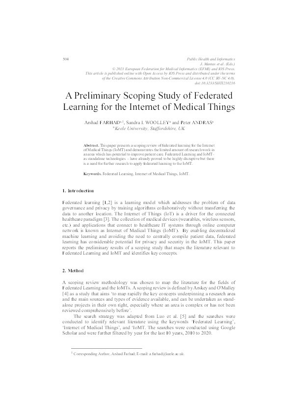 A Preliminary Scoping Study of Federated Learning for the Internet of Medical Things. Thumbnail
