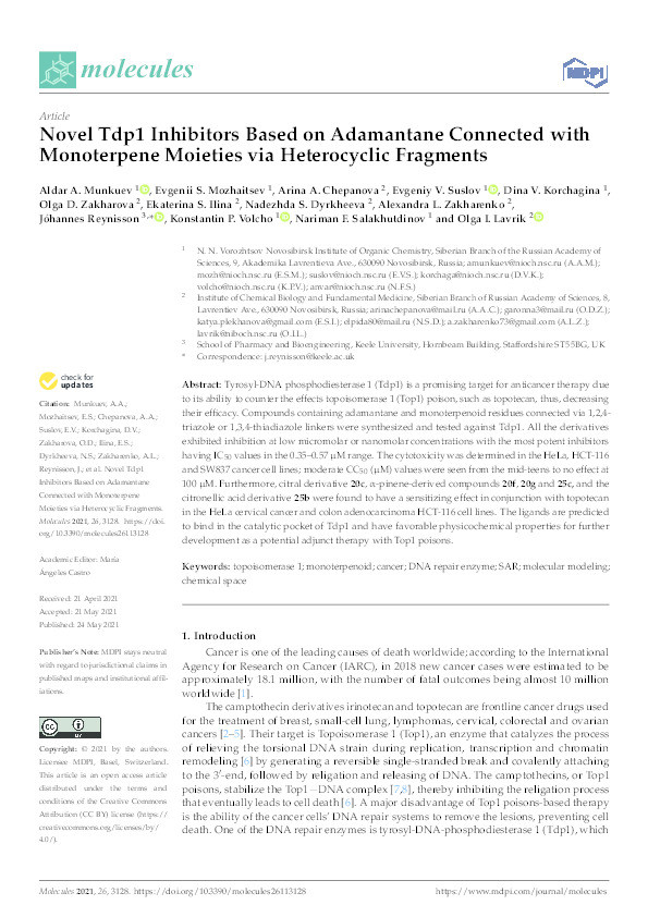 Novel Tdp1 Inhibitors Based on Adamantane Connected with Monoterpene Moieties via Heterocyclic Fragments. Thumbnail