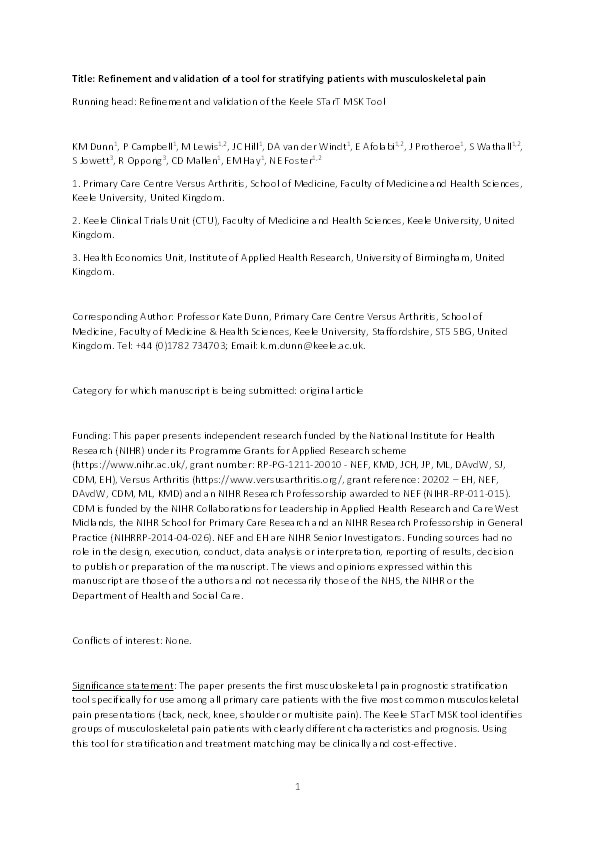 Refinement and validation of a tool for stratifying patients with 