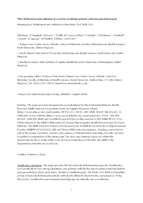 Refinement and validation of a tool for stratifying patients with musculoskeletal pain Thumbnail