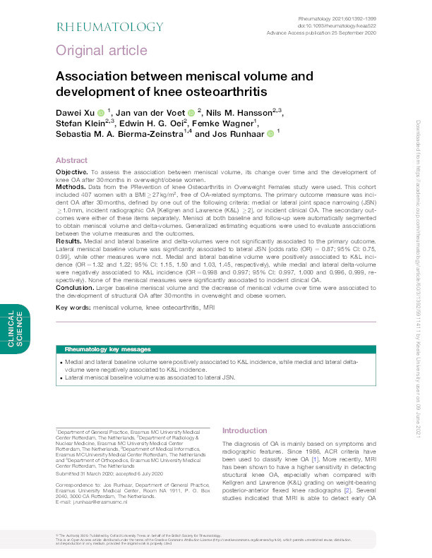 Association between meniscal volume and development of knee osteoarthritis. Thumbnail
