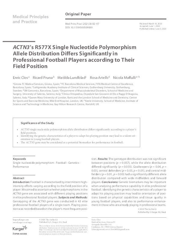 ACTN3's R577X Single Nucleotide Polymorphism Allele Distribution Differs Significantly in Professional Football Players according to Their Field Position. Thumbnail