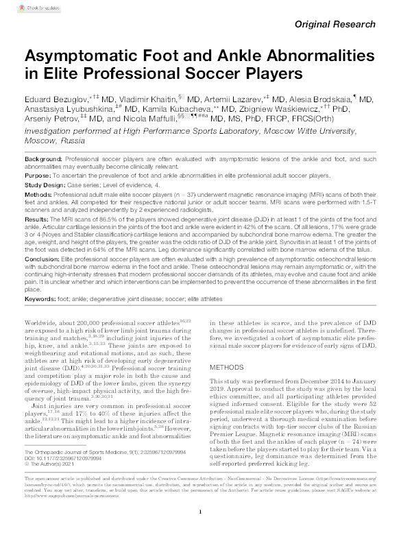 Asymptomatic Foot and Ankle Abnormalities in Elite Professional Soccer Players. Thumbnail