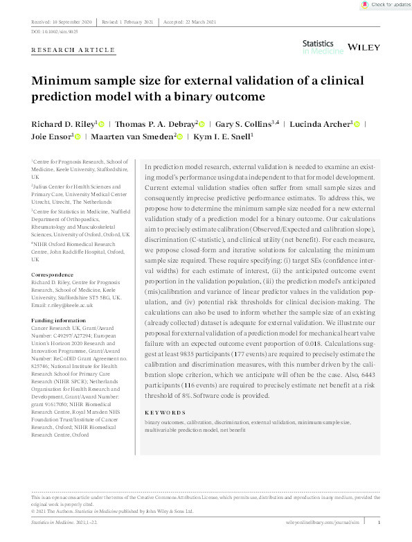 Minimum sample size for external validation of a clinical prediction model with a binary outcome Thumbnail