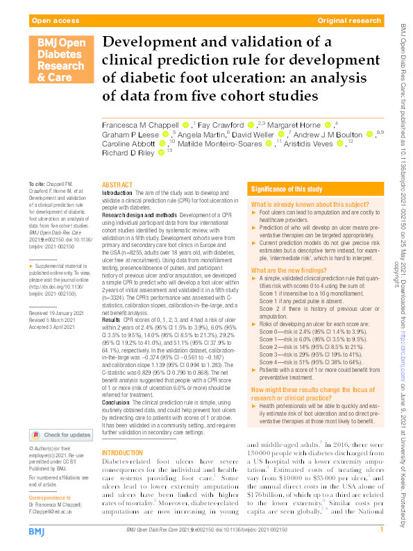 Development and validation of a clinical prediction rule for development of diabetic foot ulceration: an analysis of data from five cohort studies. Thumbnail