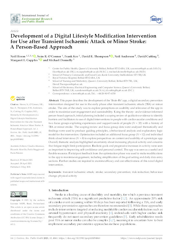 Development of a Digital Lifestyle Modification Intervention for Use after Transient Ischaemic Attack or Minor Stroke: A Person-Based Approach. Thumbnail