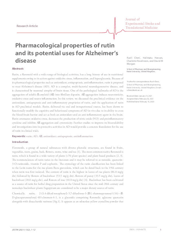 Pharmacological properties of rutin and its potential uses for Alzheimer’s disease. Thumbnail