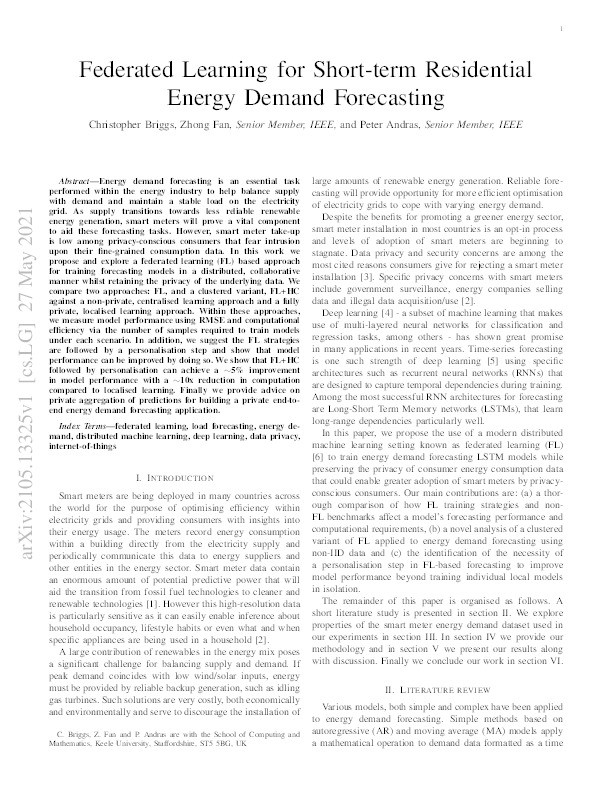Federated Learning for Short-term Residential Energy Demand Forecasting Thumbnail