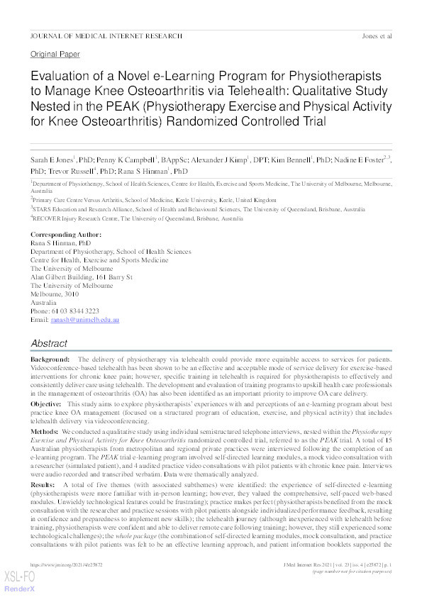 Evaluation of a Novel e-Learning Program for Physiotherapists to Manage Knee Osteoarthritis via Telehealth: Qualitative Study Nested in the PEAK (Physiotherapy Exercise and Physical Activity for Knee Osteoarthritis) Randomized Controlled Trial. Thumbnail