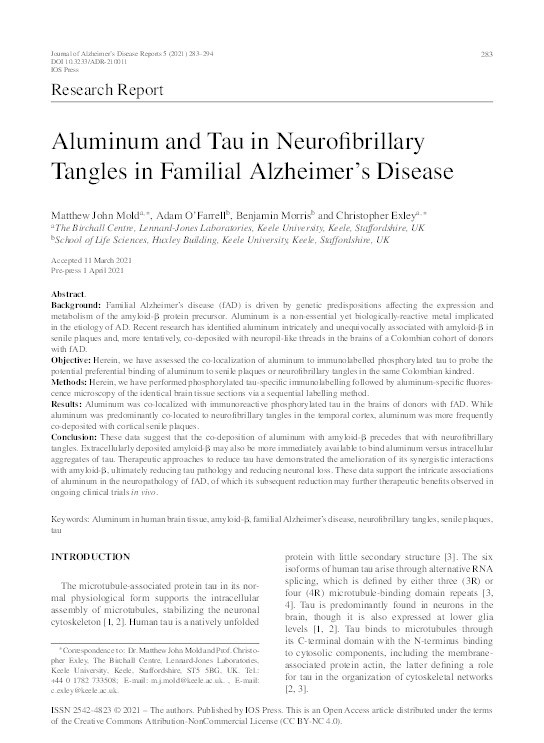 Aluminum and Tau in Neurofibrillary Tangles in Familial Alzheimer’s Disease Thumbnail