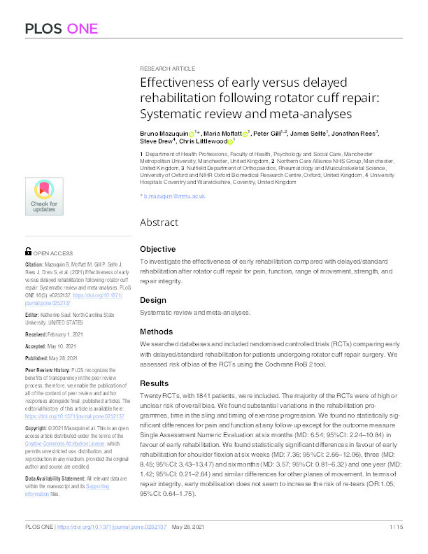 Effectiveness of early versus delayed rehabilitation following rotator cuff repair: Systematic review and meta-analyses. Thumbnail