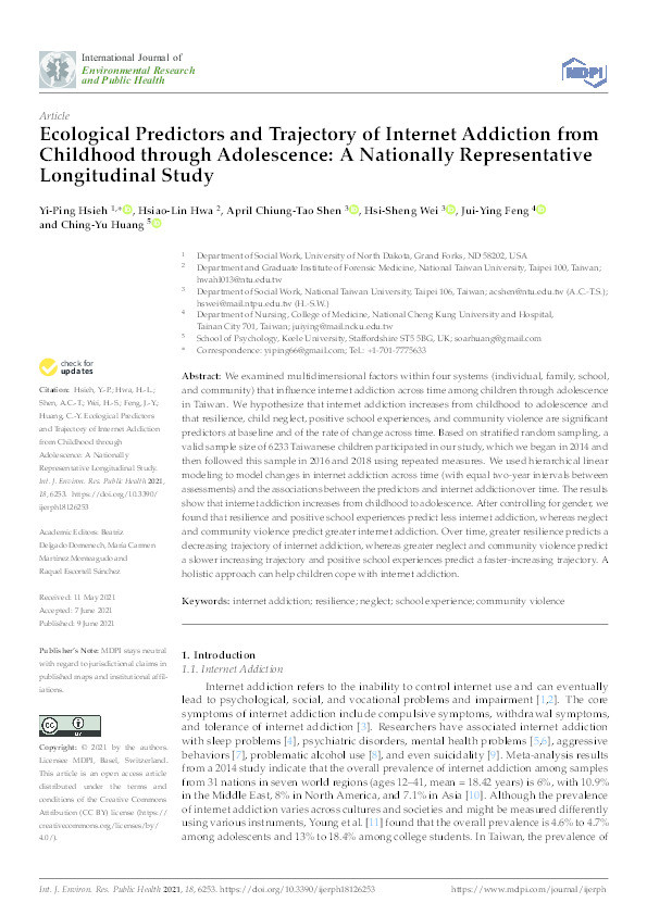 Ecological Predictors and Trajectory of Internet Addiction from Childhood through Adolescence: A Nationally Representative Longitudinal Study Thumbnail
