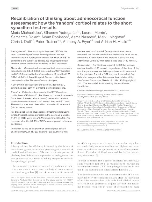 Recalibration of thinking about adrenocortical function assessment: how the 'random' cortisol relates to the short synacthen test results Thumbnail