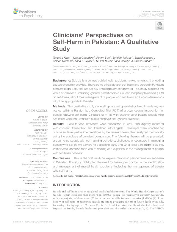 Clinicians’ Perspectives on Self-Harm in Pakistan: A Qualitative Study Thumbnail