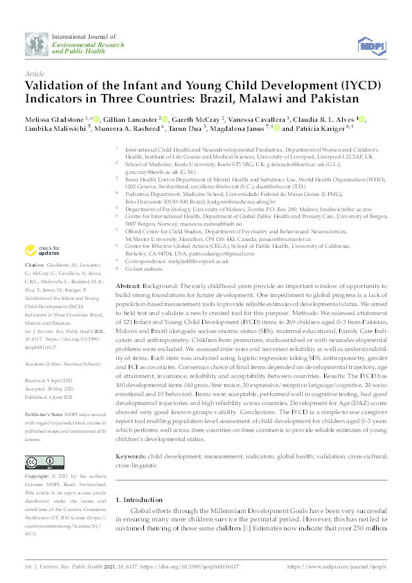 Validation of the Infant and Young Child Development (IYCD) Indicators in Three Countries: Brazil, Malawi and Pakistan Thumbnail