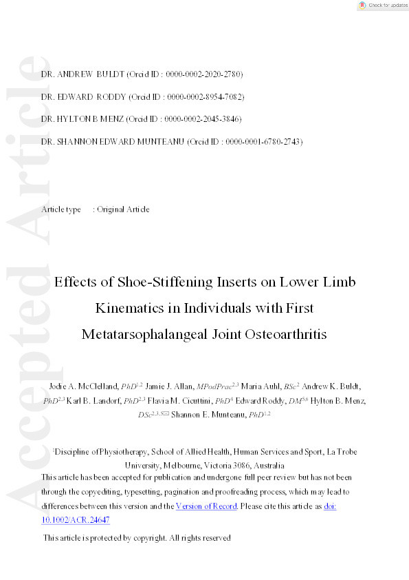 Effects of Shoe-Stiffening Inserts on Lower Limb Kinematics in Individuals with First Metatarsophalangeal Joint Osteoarthritis. Thumbnail