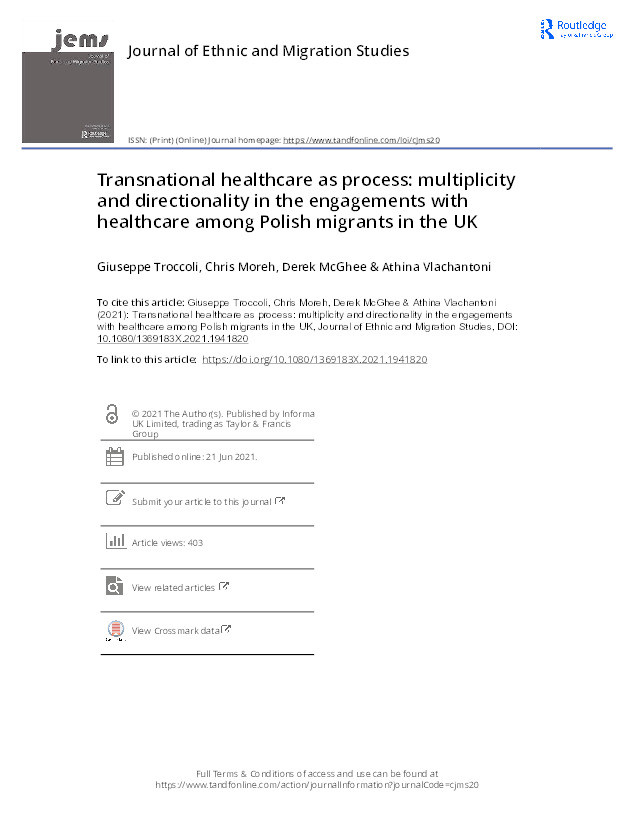 Transnational Healthcare as Process: multiplicity and directionality in the engagements with healthcare among Polish migrants in the UK Thumbnail