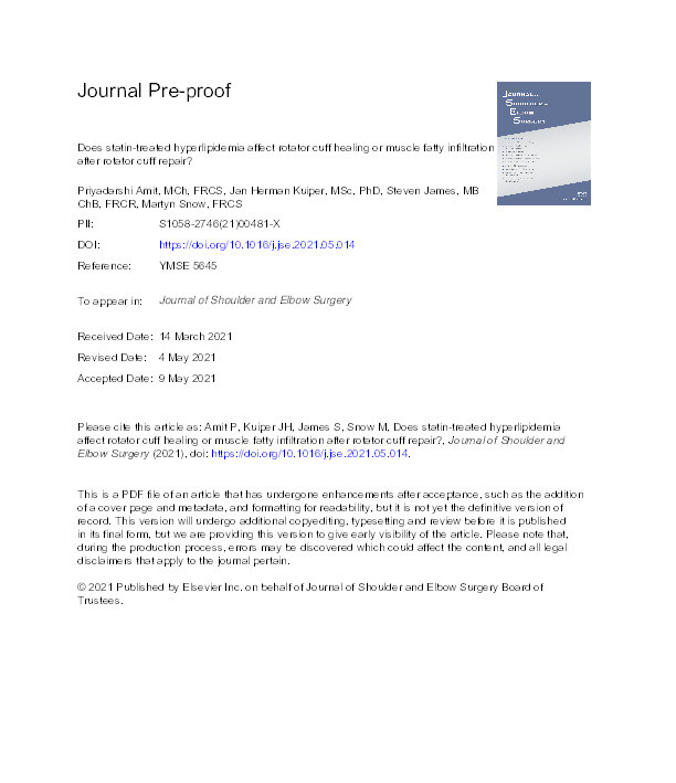 Does statin-treated hyperlipidemia affect rotator cuff healing or muscle fatty infiltration after rotator cuff repair? Thumbnail