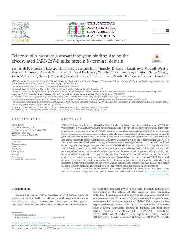 Evidence of a putative glycosaminoglycan binding site on the glycosylated SARS-CoV-2 spike protein N-terminal domain. Thumbnail