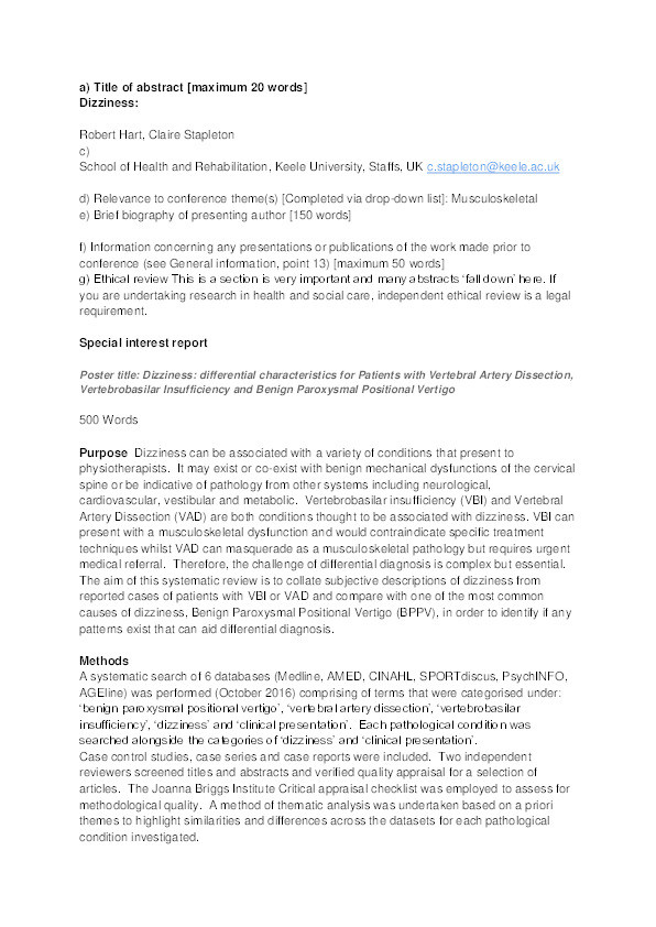 Dizziness: differential characteristics for Patients with Vertebral Artery Dissection, Vertebrobasilar Insufficiency and Benign Paroxysmal Positional Vertigo Thumbnail