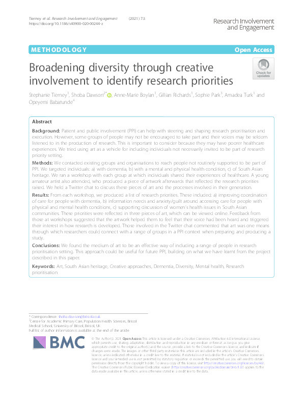 Broadening diversity through creative involvement to identify research priorities Thumbnail