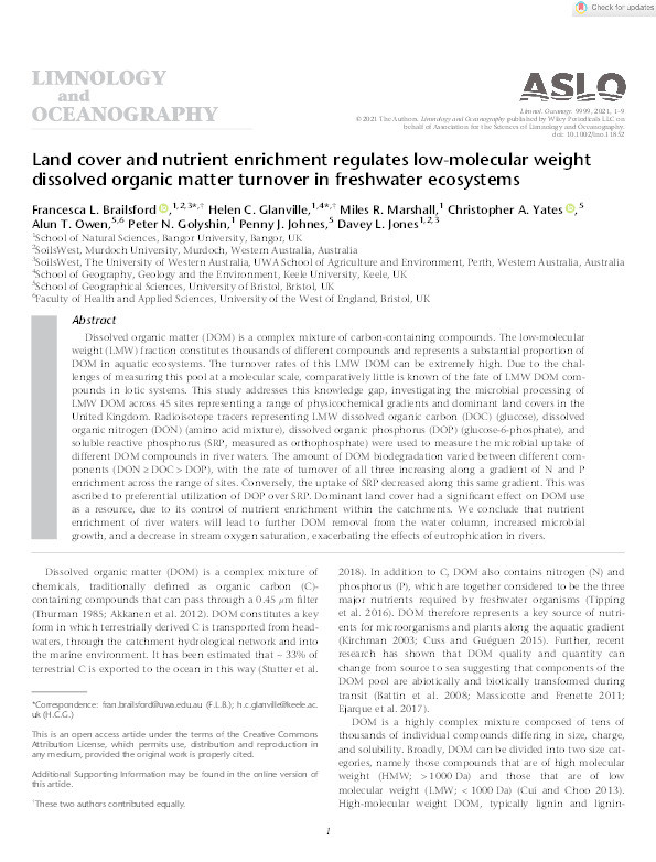 Land cover and nutrient enrichment regulates low-molecular weight dissolved organic matter turnover in freshwater ecosystems Thumbnail