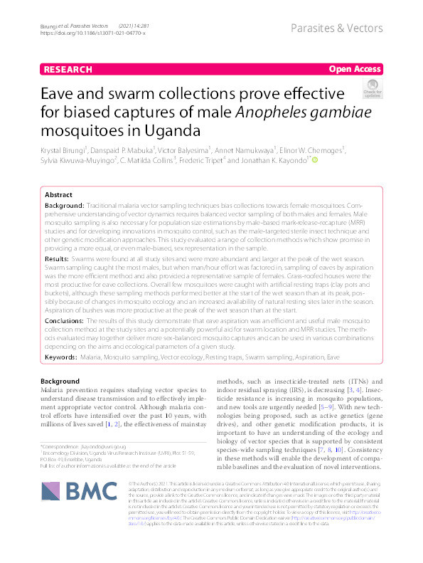 Eave and swarm collections prove effective for biased captures of male Anopheles gambiae mosquitoes in Uganda Thumbnail