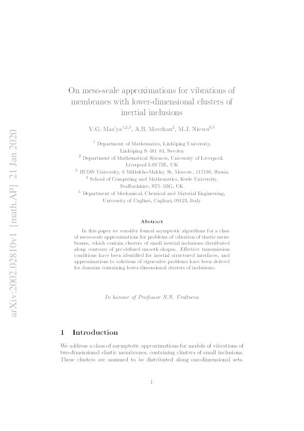 On meso-scale approximations for vibrations of membranes with lower-dimensional clusters of inertial inclusions Thumbnail