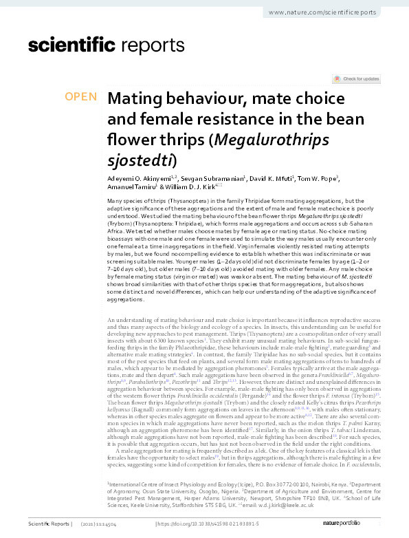 Mating behaviour, mate choice and female resistance in the bean flower thrips (Megalurothrips sjostedti) Thumbnail