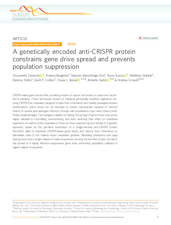 A genetically encoded anti-CRISPR protein constrains gene drive spread and prevents population suppression Thumbnail