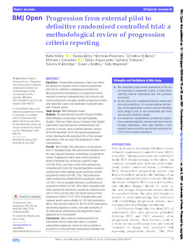 Progression from external pilot to definitive randomised controlled trial: a methodological review of progression criteria reporting. Thumbnail
