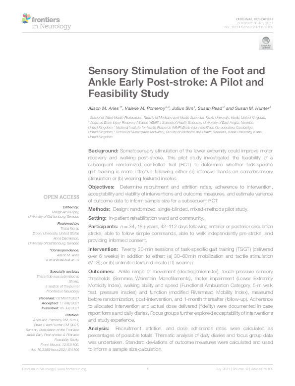 Sensory Stimulation of the Foot and Ankle Early Post-stroke: A Pilot and Feasibility Study Thumbnail