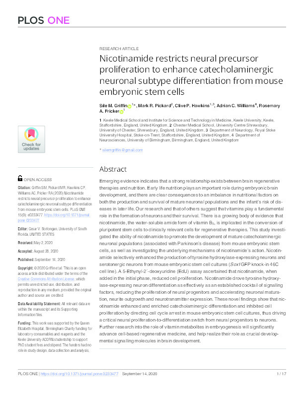 Nicotinamide restricts neural precursor proliferation to enhance catecholaminergic neuronal subtype differentiation from mouse embryonic stem cells Thumbnail