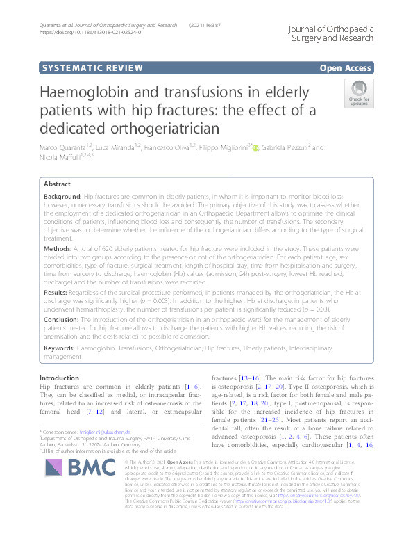 Haemoglobin and transfusions in elderly patients with hip fractures: the effect of a dedicated orthogeriatrician. Thumbnail