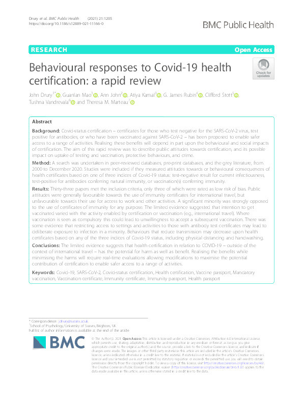 Behavioural responses to Covid-19 health certification: a rapid review Thumbnail