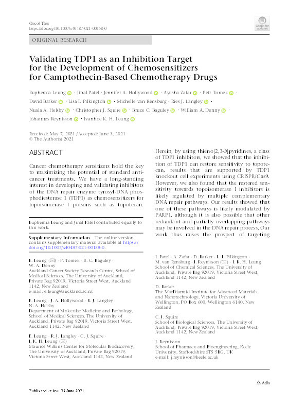 Validating TDP1 as an Inhibition Target for the Development of Chemosensitizers for Camptothecin-Based Chemotherapy Drugs. Thumbnail