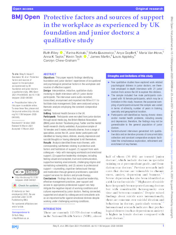 Protective factors and sources of support in the workplace as experienced by UK foundation and junior doctors: a qualitative study Thumbnail